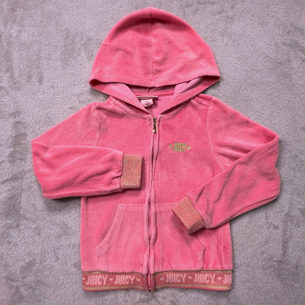 Juicy Couture Girls Size S Pink Terry Hoodie Gold Sparkle Trim Y2K‎  Glam